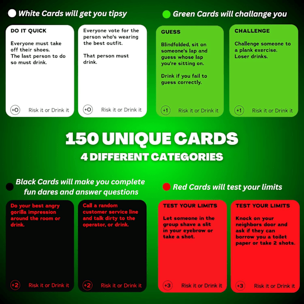 Hauska juomapeli juhliin: 150 hauskaa haastetta ja riskialtista kysymystä aikuisten peli-iltoihin - Aikuisten kortit juhlien esipeleihin, korkeakoulu