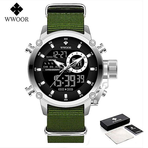 Wwoor Ny Fashion Militær Sports Herre Nylon Digital Quartz Ur Håndled Ur Vandtæt Dobbelt Display Ur Relogio Masculino