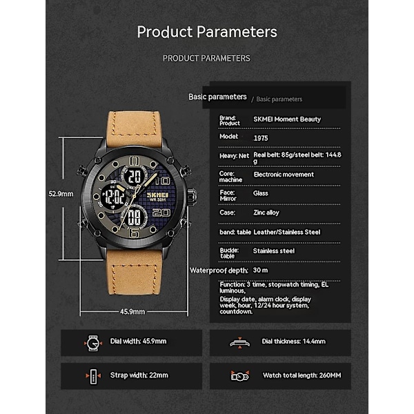 Multifunktionelt digitalt ur til mænd - Analogt ur med alarm, vandtæt - Lysebrun sort maskine - Rem