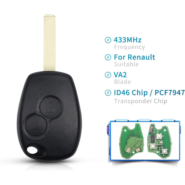 2 knappar 433 MHz fjärrkontroll bilnyckelbricka skal med PCF7947 chip VA2 blad för Renault Kangoo 2 Clio 3 Duster Modus Twingo Dacia Logan