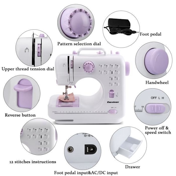 Excelvan Elektronisk symaskine - Begynder - 12 sting - Bærbar - To justerbare hastigheder -FD3-