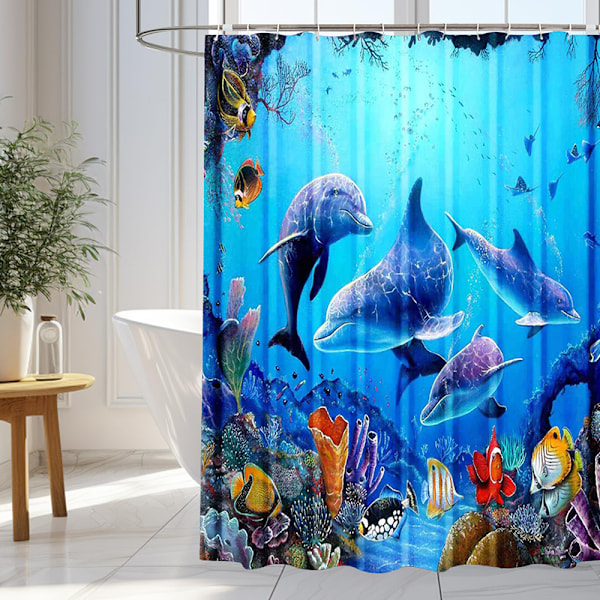 Suihkuverho 180 x 200 cm, vedenpitävä suihkuverho, sininen delfiini suihkuverho, polyesteri kylpyhuoneverho, pestävä kylpyhuoneverho