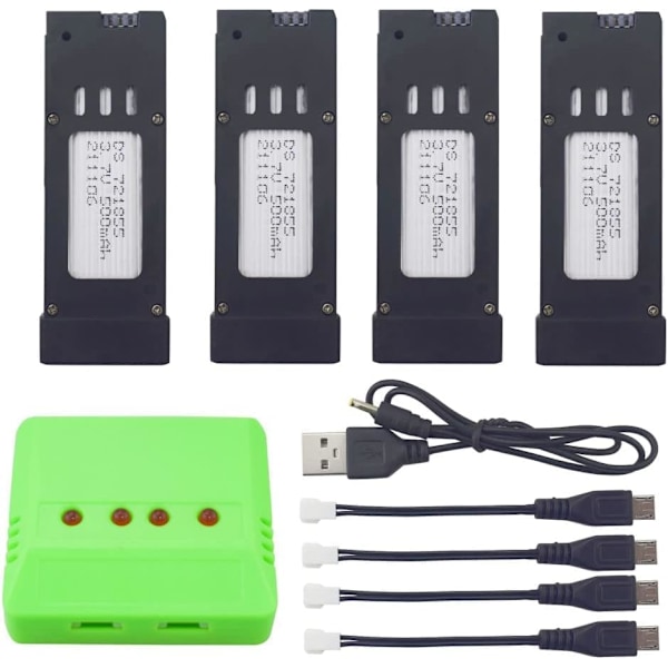 4 stk LiPO-batterier 3.7V 500mAh og 4-i-1-lader til droner E58 S168 JY019 RC Quadcopter - Hurtigladningskit