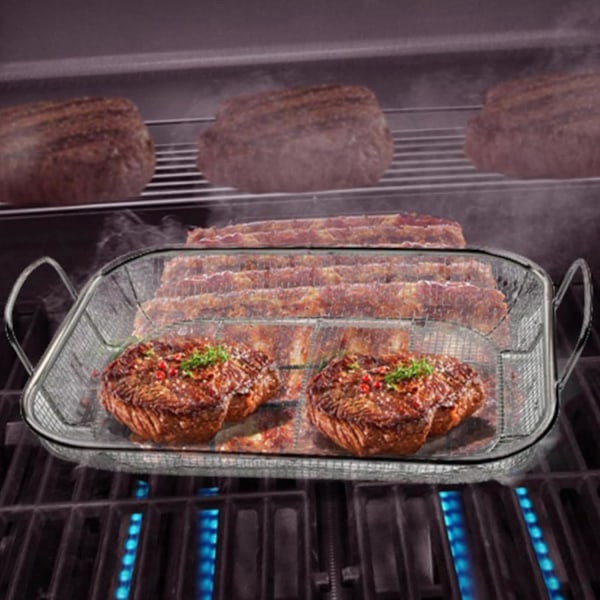 Grillkurv i rustfrit stål, grillkurv til grøntsager, firkantet dræningskurv, friturekurv - Udendørs madlavning-AD4-