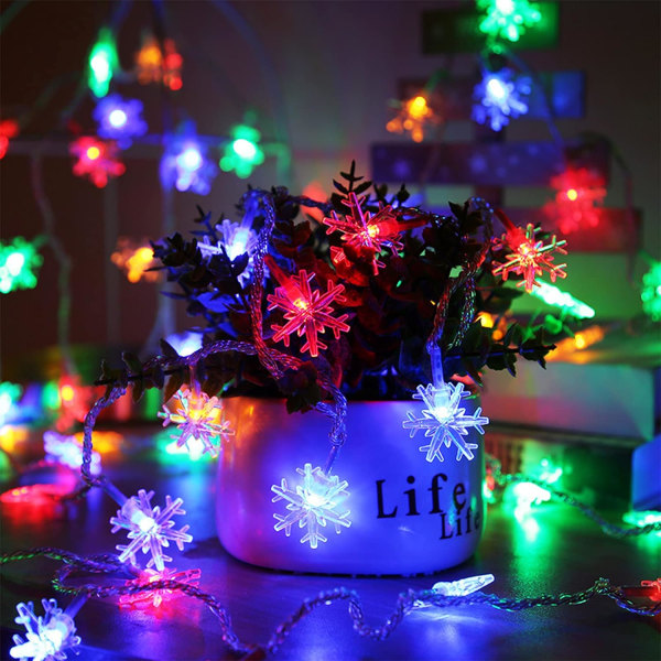 Jul LED-slingor, färgglada snöflinga vattentäta inomhus utomhus-slingor för sovrumsfestträdgård (20ft 40LED)