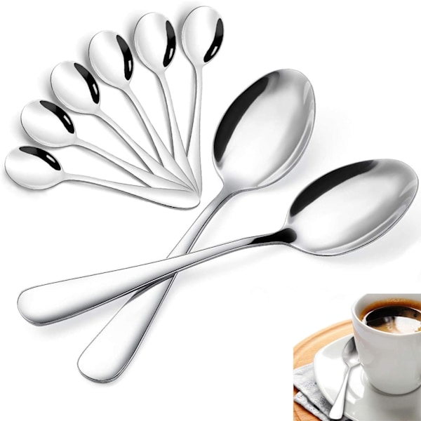 Set med 8 teskedar/kaffeskedar, 13,5 cm tesked i rostfritt stål, liten silverfärgad kaffesked i rostfritt stål -AD8-