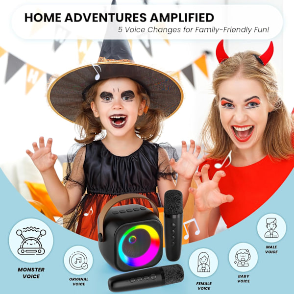Mini Karaoke Maskin, Bärbar Bluetooth Karaoke Högtalare med 2 Trådlösa Mikrofoner och Festbelysning -AD9-