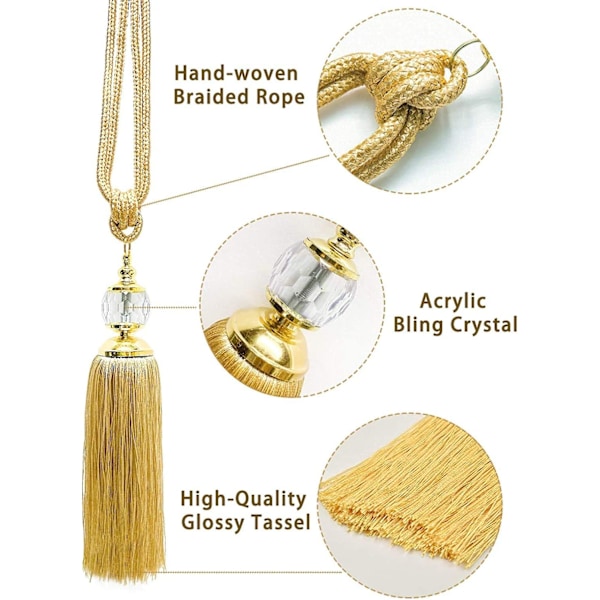 2-pack Guld Gardinomtag, Gardinomtag med Fransar Guld Kristall-AD4-