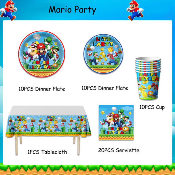 Mario tema fest dekoration rekvisita engångs papperstallrikar servetter bordsduk bordsduk set