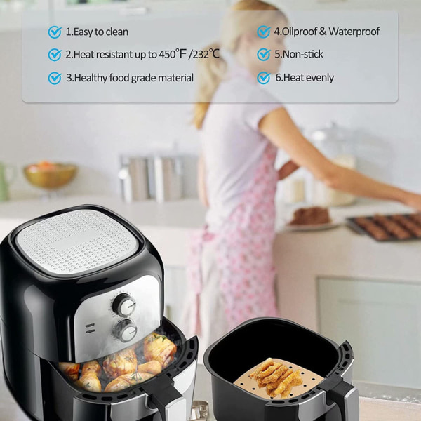 100 kpl Air Fryer -ilmankeittimen neliömäistä rei'itettyä leivinpaperia 21.5*21.5cm