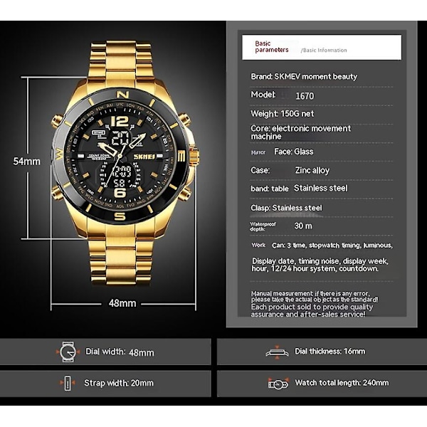 Herre Analog Digital Ure med Dag og Dato, Rustfrit Stål Vandtæt Lysende Ur - Gylden Hvid Maskine
