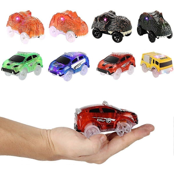SBSG Ersättningsbilar endast för bilbanor, flexibla racerbilar för Magic Tracks som lyser i mörkret, LED-lampor batteridrivna Snap N Glow Trax c-AD4-