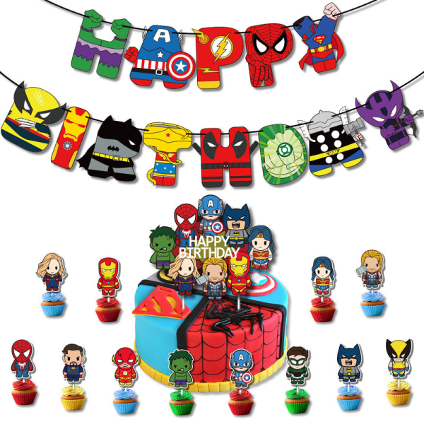 Spider-Man Superhelt Allianse Festdekorasjon Barnebursdag Dra flagg Kakeinnlegg Ballongsett A