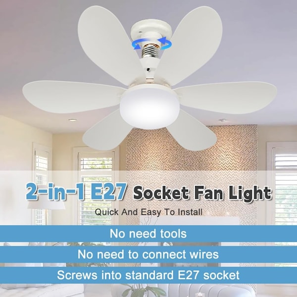 Takvifter med lys og fjernkontroll, 40W dimbar LED-takvifte med 6 blader, E27 konverteringsbase, 3 hastigheter 3 farger Mod -FD1-