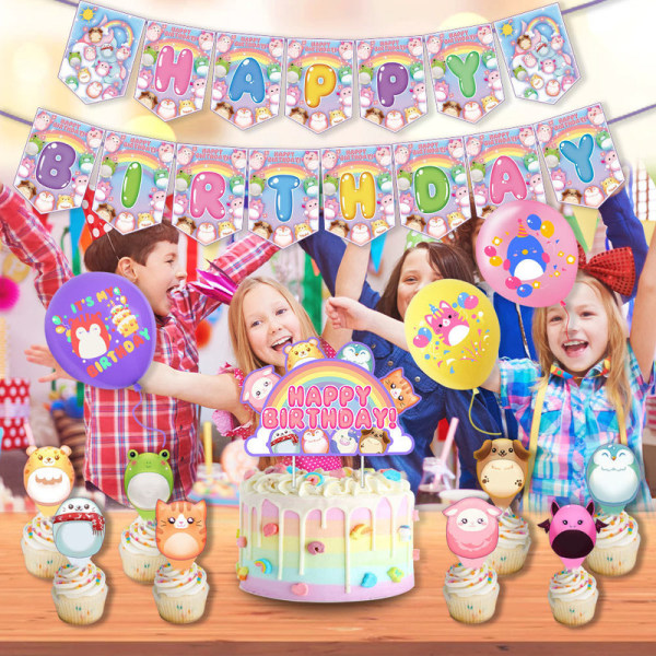 Squishmallows tema födelsedagsfest dekoration plysch leksaker dra flagga tårta insats ballong set