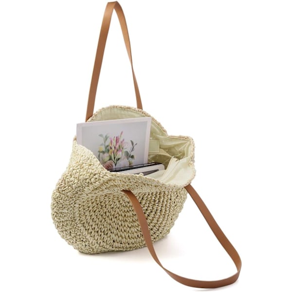 Halmtaske, Dame, Skuldertaske, Retro, Rund, Strandtaske, Indkøbskurv, Stor Skuldertaske, Shoppingtaske-AD10-