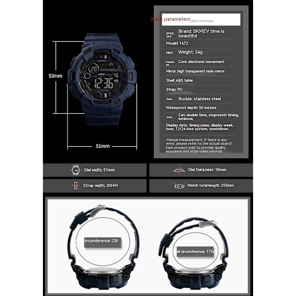 Militær Digitalt Ur Mænds Vandtæt Lysende Display Stopur Sport Dato Ur-Denim Blå