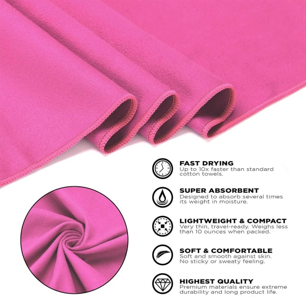 Mikrofiberhandduk - rosa 3 storlekar - kompakt, ultralätt och snabbtorkande - den perfekta sport- och resehandduken - stor (152*76 cm)
