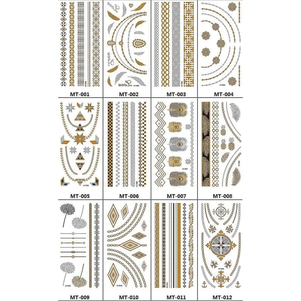 12 stk metalliske midlertidige tatoveringer Gull Sølv Midlertidige tatoveringer Glitter Shimmer Designs A -AD6-