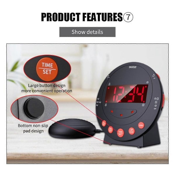 Sonic Boom Väckarklocka, Extra Högljudd Vibrerande Dubbel Väckarklocka, Digital Väckarklocka Med Sängvibrator - -AD9-