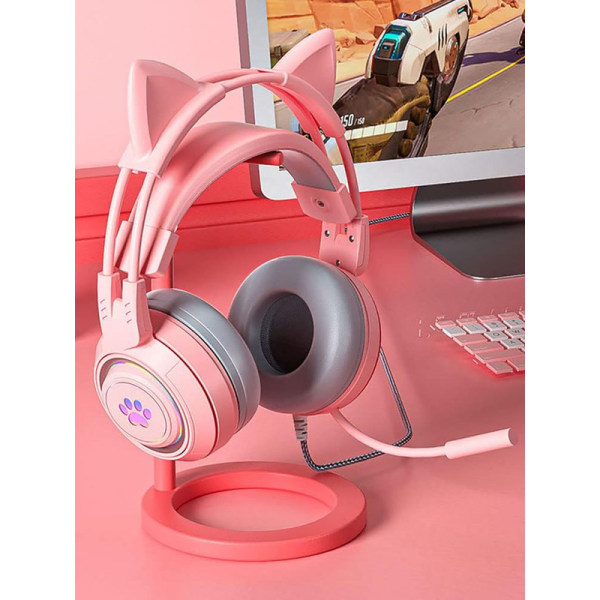 Kabelanslutet spelheadset, söt kattöra RGB-bakgrundsbelysning Over-ear hörlurar brusreducerande mikrofon Surroundljud för bärbar dator Pink