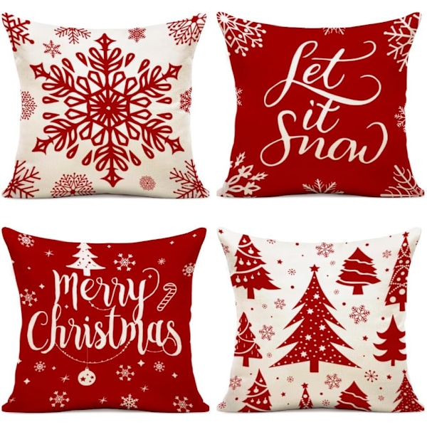 Jul Putetrekk 40x40 Sett med 4 Putetrekk 40x40 Julenissen Elg Bomull og Lin Dekorativt Putetrekk for Juledekorasjon 40 x 40 cm -AD11-
