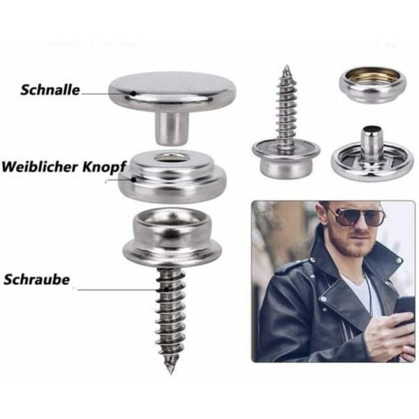 Trykknapper, 150 stk Rustfritt stål Skruetrykknapper 15 mm metall Trykknappsett med 2 festeverktøy -AD11-