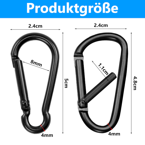 20-pack små aluminiumkarbinhakar, 40 x 4 mm minikarbinhakar, små svarta karbinhakar för ryggsäck, bälte, tält, camping, resor{sl}-AD8-