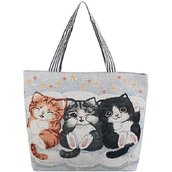 AVEKI Canvas Tote Bag för kvinnor, återanvändbar shoppingväska, bärbar axelväska, skolväska, vit-1-FS2--AD3-
