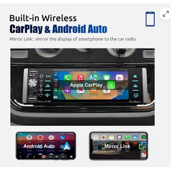 Enkel DIN 5\" Bilradio Trådlös Apple CarPlay Android Auto Bluetooth USB