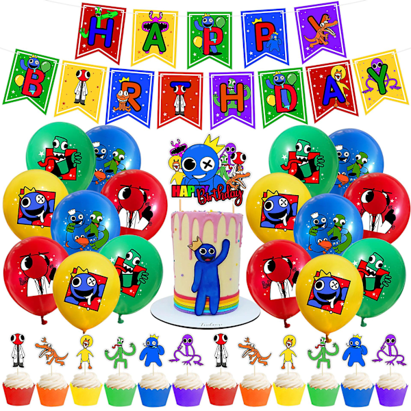 Rainbow Friends Tema Festtillbehör Set Ballonger Banner Tårtdekorationer Dekorationskit för Barn Flickor Pojkar-AD8-