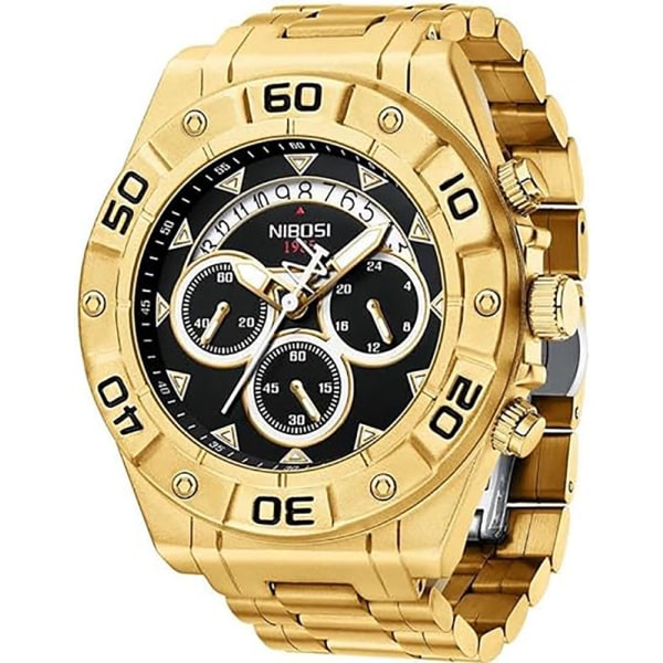 Big Dial klockor för män Business Steel Band Gold Watch Warterproof klocka Man Quartz Armbandsur Gold 22mm