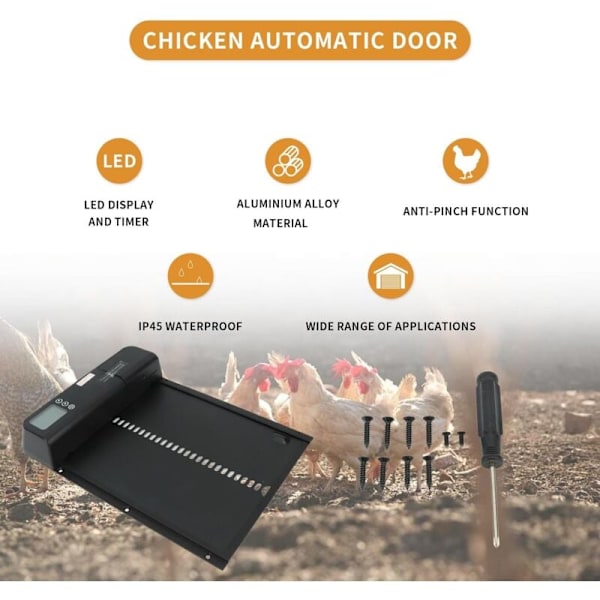 Automatisk Hönshusdörr, Automatisk Hönsdörr, Automatisk Hönshusdörr med Timer Aluminiumlegering Ip45 Vattentät LED-Display Automatisk Dörr -AD5-
