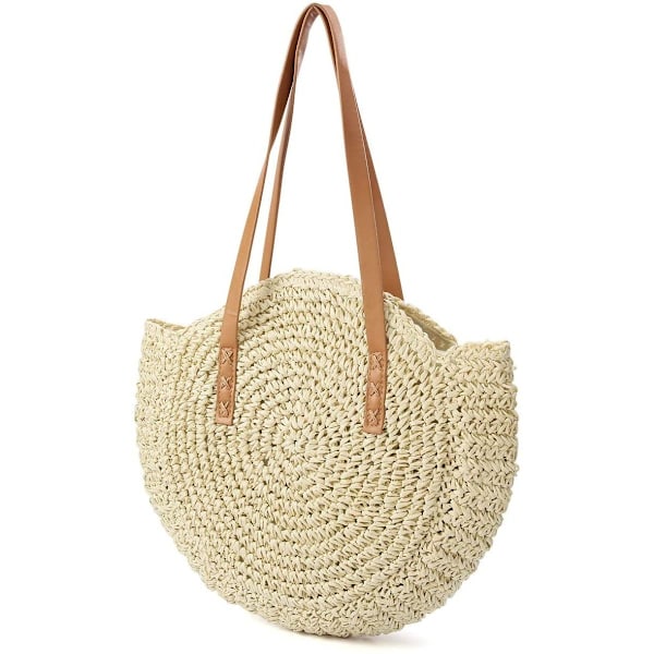 Halmtaske, Dame, Skuldertaske, Retro, Rund, Strandtaske, Indkøbskurv, Stor Skuldertaske, Shoppingtaske-AD10-