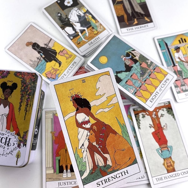 Modern Witch Tarot Deck i en burk med guldpläterad kant för spådomskort