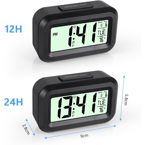 Digital väckarklocka, digital väckarklocka Batteridriven digital LCD-väckarklocka med temperaturdatumklocka, för hemmakontor, svart