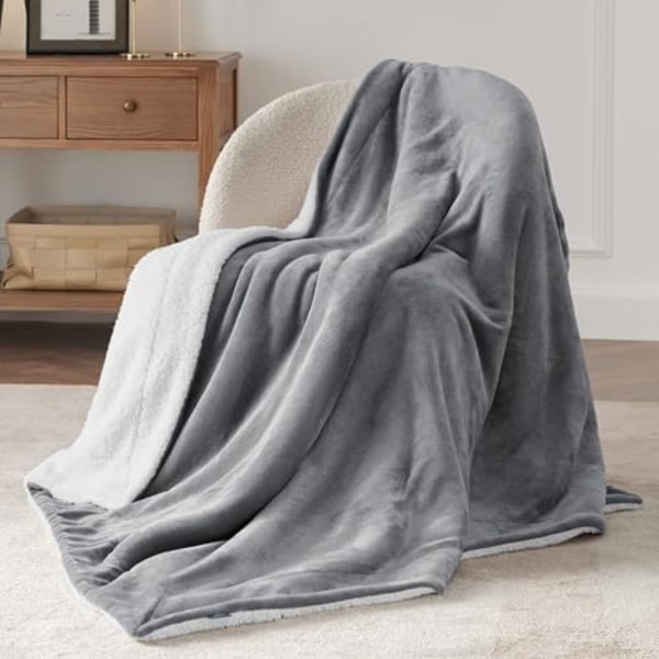 Sherpa Sofateppe Fleecepledd - Grå Pläd 150x200, 2 Personer Myk og Varm -AD6-