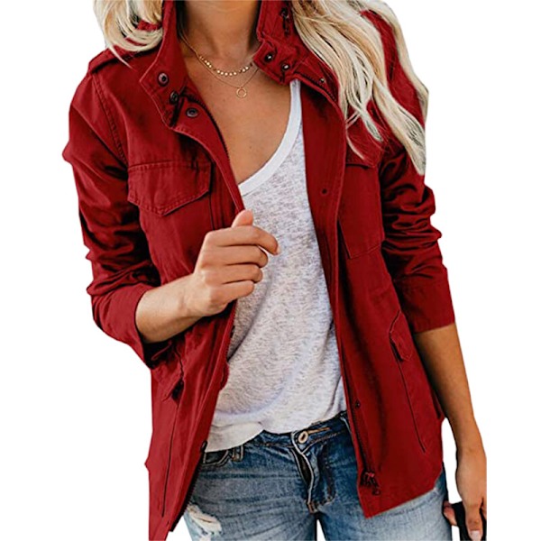 Kvinnor Kappa med Fickor Tryckknappar Militärjacka Y Vinröd-FS2--AD3- Wine Red 4XL