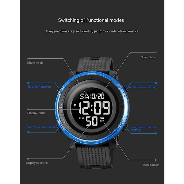 Multifunktionell vattentät herrdigitalklocka utomhus sportklocka - svart