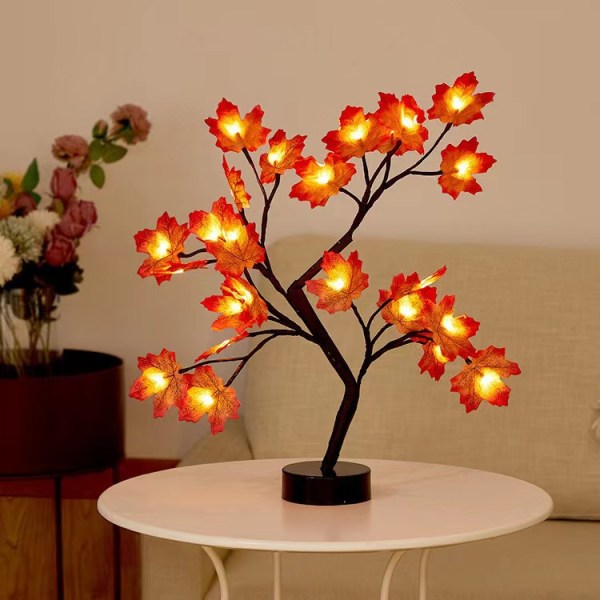 LED-ljusträd, lönnlöv Varmvitt ljusträd, justerbara grenar, 24 lysdioder, för julfestsdekoration, USB/batteridriven svart gren