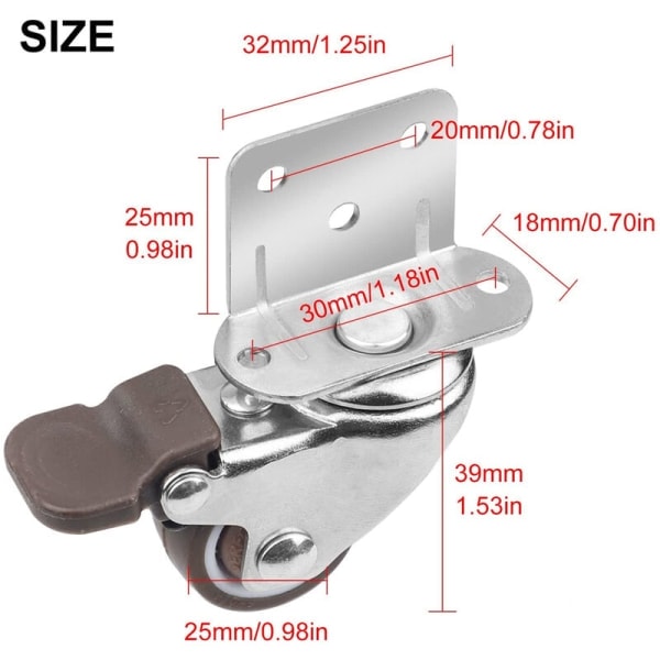 4x hjul - 25 mm for møbler Små svingbare hjul med brems one-WELLNGS-AD4-