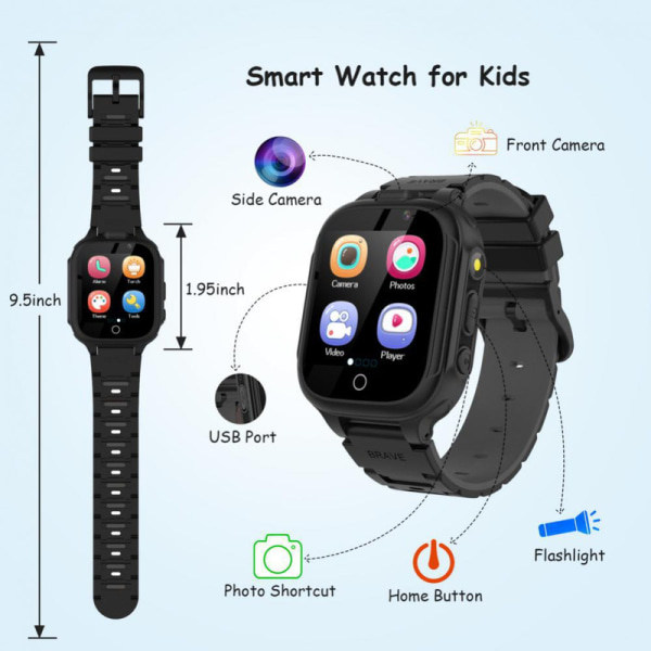 S23 Kids Smartwatch 14 Spel Musik Video Musik Smartwatch Svart