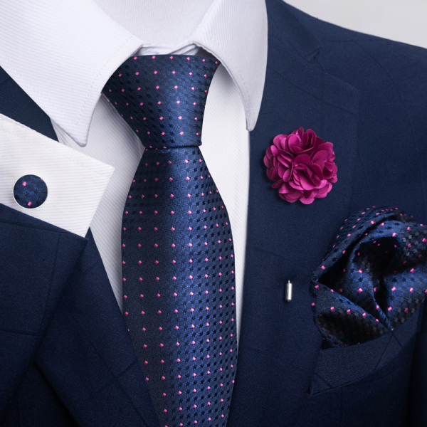 Högklassigt slipset för män med manschettknappar och ficknäsduk och boutonniere B
