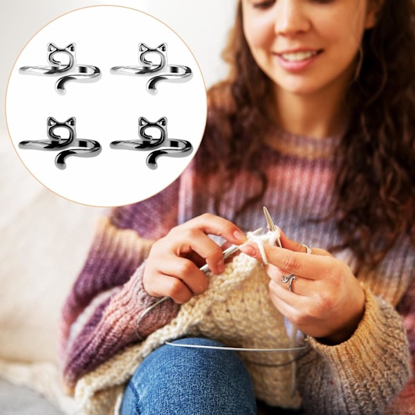 4 st Stickade Virknålar Loop Ring Metall Öppen Garnguide Justerbar Flätad Snabbare Stickning Tumhållare Tillbehör (Kattstil) -AD10-