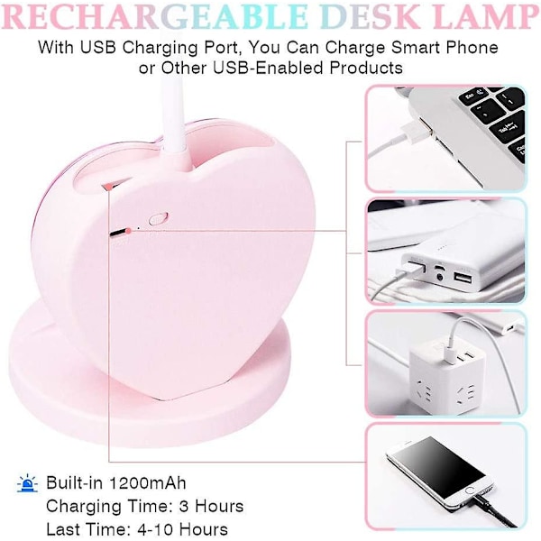 LED Bordlampe for Barn, Dimbar Bordlampe Oppladbar med Penneholder USB-Port for Tenåringsjenter Gutter Studenter, rosaBY-AD4-