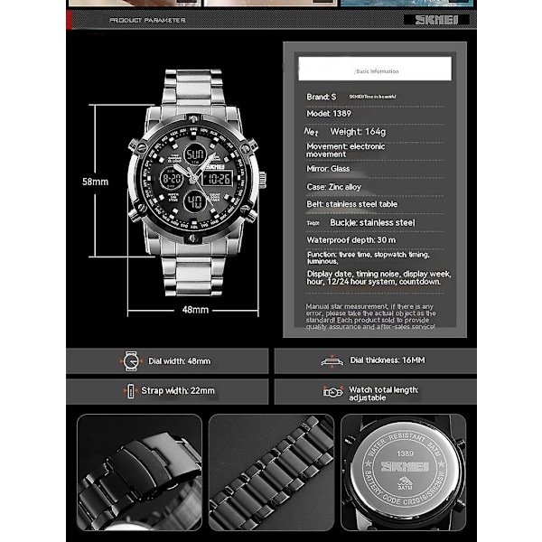 Vattentäta analoga digitalklockor för män med LED-multitid, armbandsur i rostfritt stål - silverhölje och silvertavla