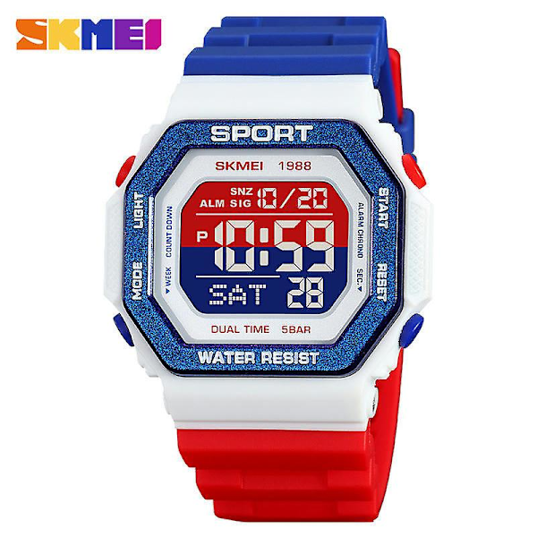 Men's Multifunction Digital Watches Waterproof LED Backlight Sports Watch for Student-Red, white, and blue