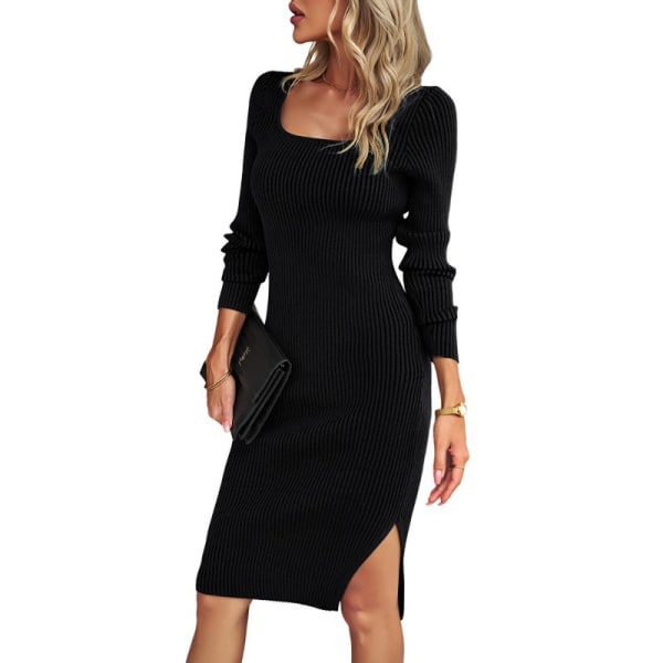 Stickat tyg, smickrande lång kjol med fyrkantig halsringning svart XL