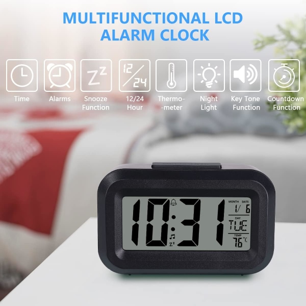 Digital väckarklocka, digital väckarklocka Batteridriven digital LCD-väckarklocka med temperaturdatumklocka, för hemmakontor, svart