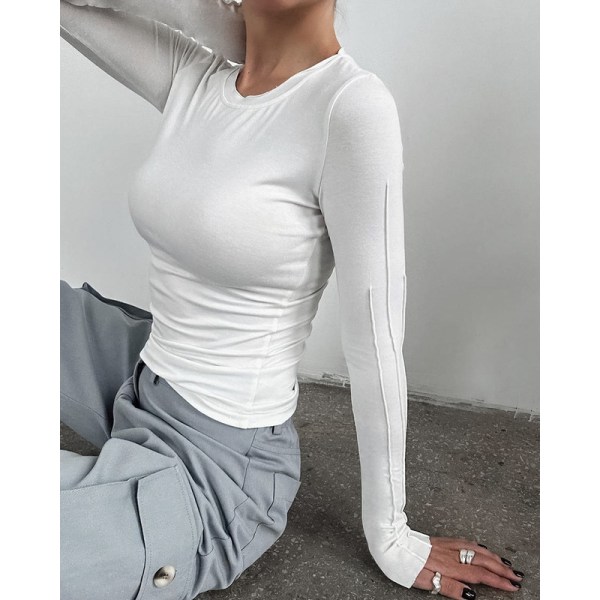 Langærmet skjorte dame tight rundhalset langærmet crop top Y2K slim fit toppe vit L